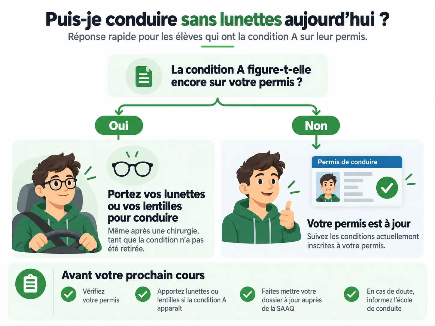 Arbre de décision : si la condition A figure encore au permis, portez vos lunettes ou lentilles pour conduire; si elle a été retirée, votre permis est à jour