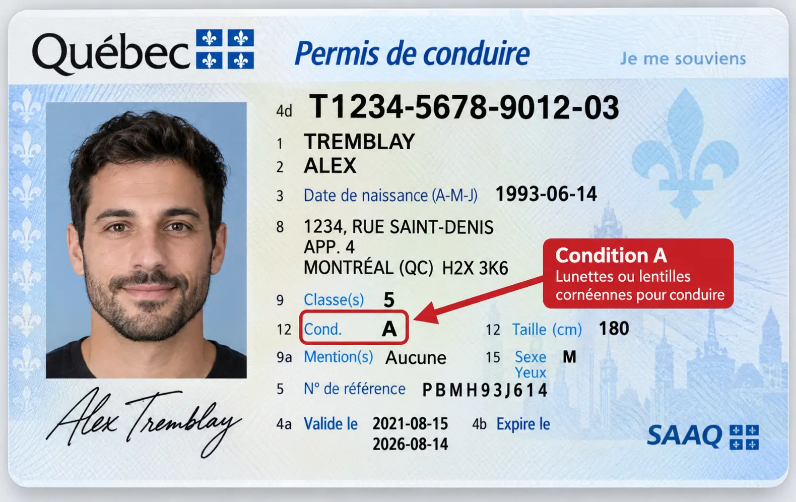Exemple illustratif d'un permis de conduire du Québec montrant où la condition A (lunettes ou lentilles cornéennes pour conduire) apparaît dans la section des conditions