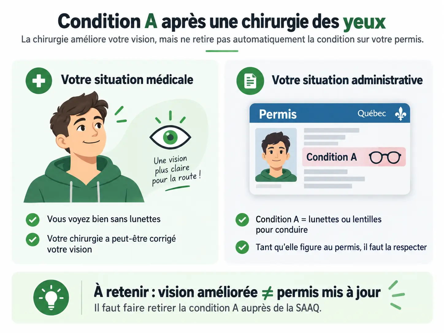 Schéma expliquant que la chirurgie des yeux améliore la vision mais ne retire pas automatiquement la condition A inscrite au permis de conduire